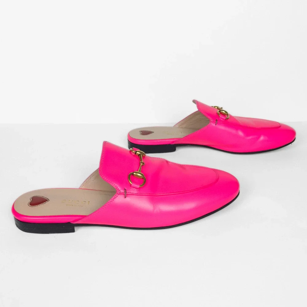 GUCCI Neon Pink Princetown Leather Slipper Mule Flat Horsebit Women's EU 37 - Picture 4 of 11